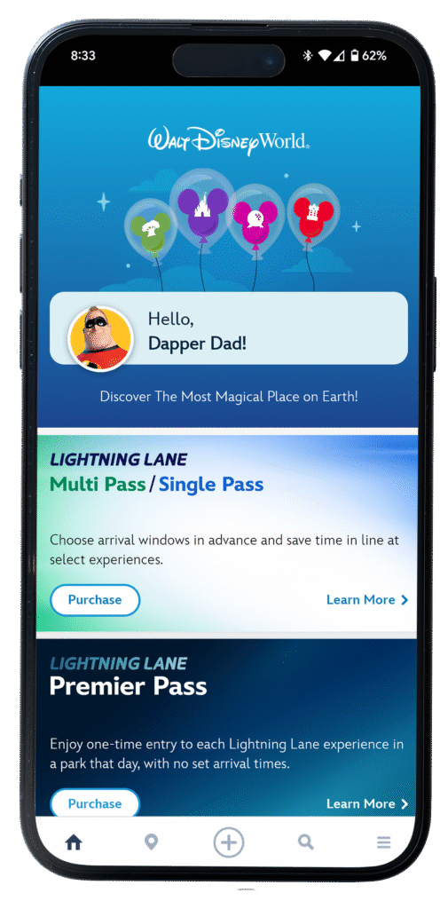 MDE App home screen showing user greeting and Lightning Lane options