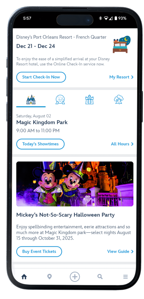 MDE App resort check-in and event tickets shown on main screen