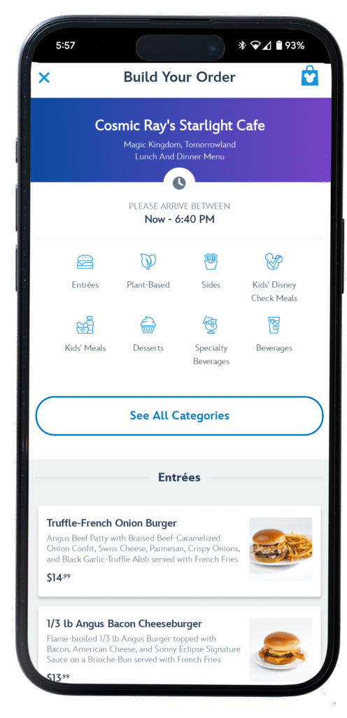 Screenshots of the My Disney Experience mobile ordering interface.