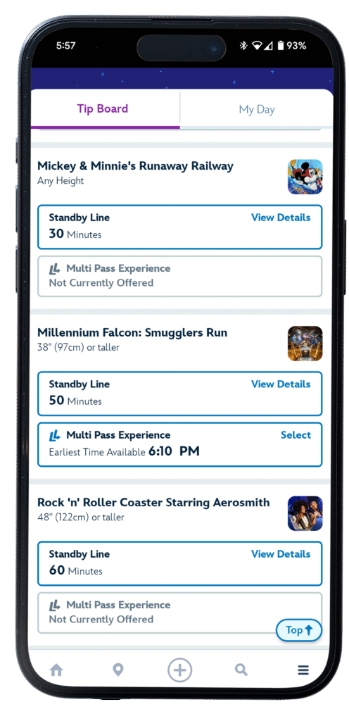 Screenshot of Tip Board showing wait times and Lightning Lane info in the Disney app